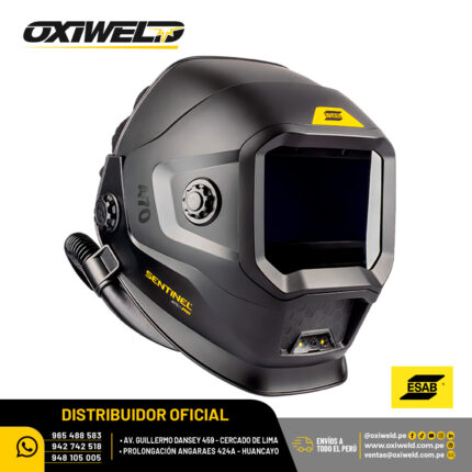 Máscara de soldadura ESAB Sentinel A70 Air PRO con pantalla fotosensible abatible, visor panorámico y conexión compatible con sistema de aire filtrado PAPR
