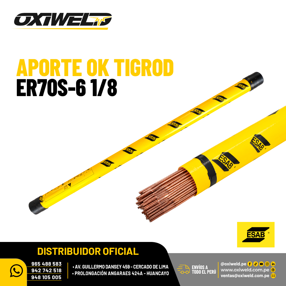 ESAB APORTE OK TIGROD ER70S-6 1 8 Varilla de aporte OK Tigrod ER70S-6 ESAB de 0.32 cm de diámetro para soldadura TIG de aceros al carbono