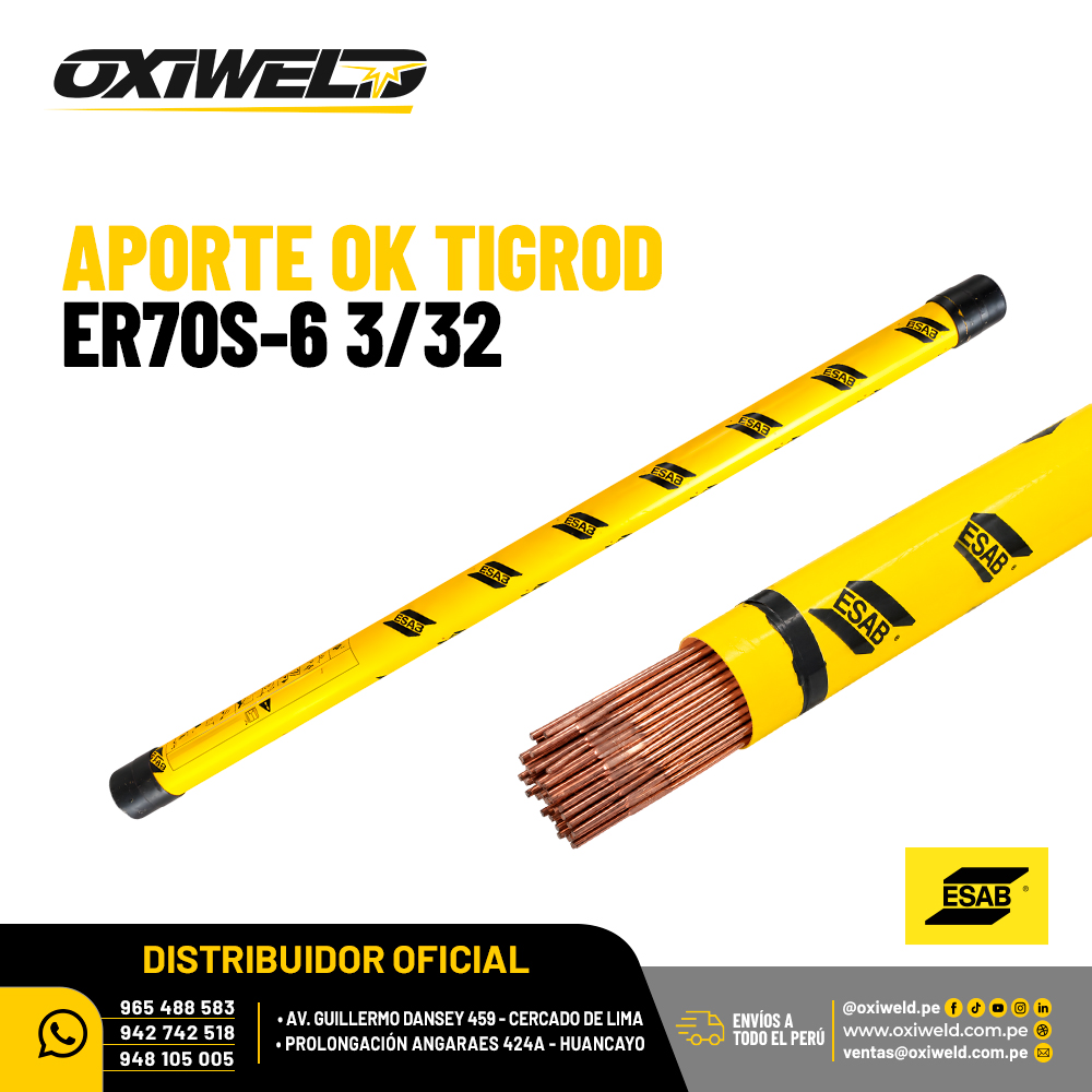 ESAB APORTE OK TIGROD ER70S-6 3 32 Varilla de aporte OK Tigrod ER70S-6 ESAB de 0.24 cm de diámetro para soldadura TIG de aceros al carbono