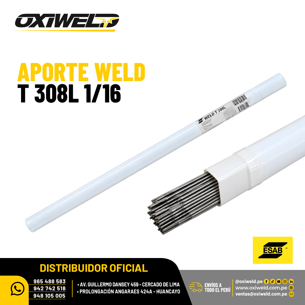 ESAB APORTE WELD T 308L 1 16 Varilla de aporte Weld T 308L ESAB de 0.16 cm de diámetro para soldadura TIG de acero inoxidable