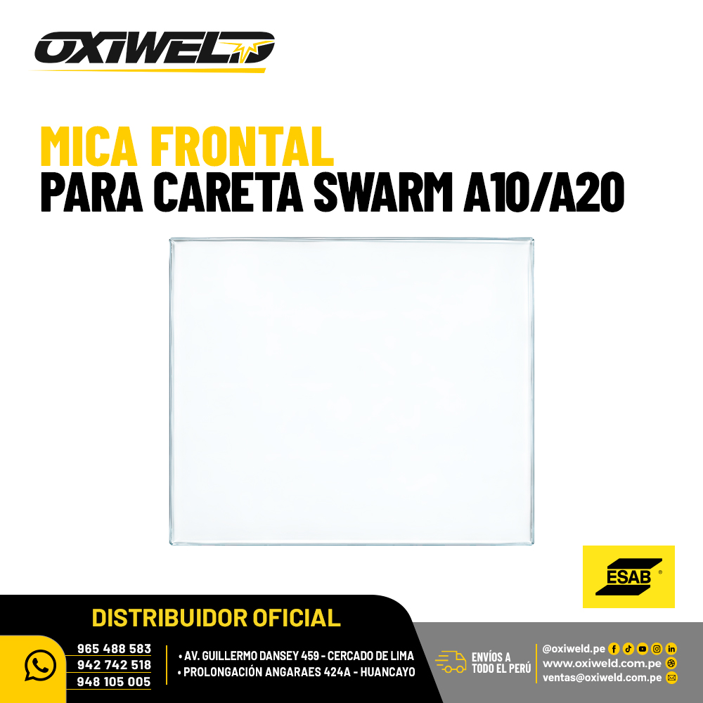 ESAB MICA FRONTAL PARA CARETA SWARM A10 A20 Mica frontal transparente ESAB para caretas fotosensibles Swarm A10 y A20, diseñada para proteger el filtro de oscurecimiento automático