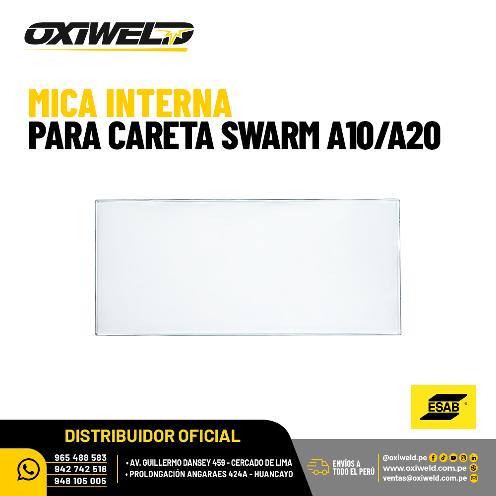 ESAB MICA INTERNA PARA CARETA SWARM A10 A20 Mica interna transparente ESAB compatible con caretas fotosensibles Swarm A10 y A20, para protección interior del filtro de soldadura