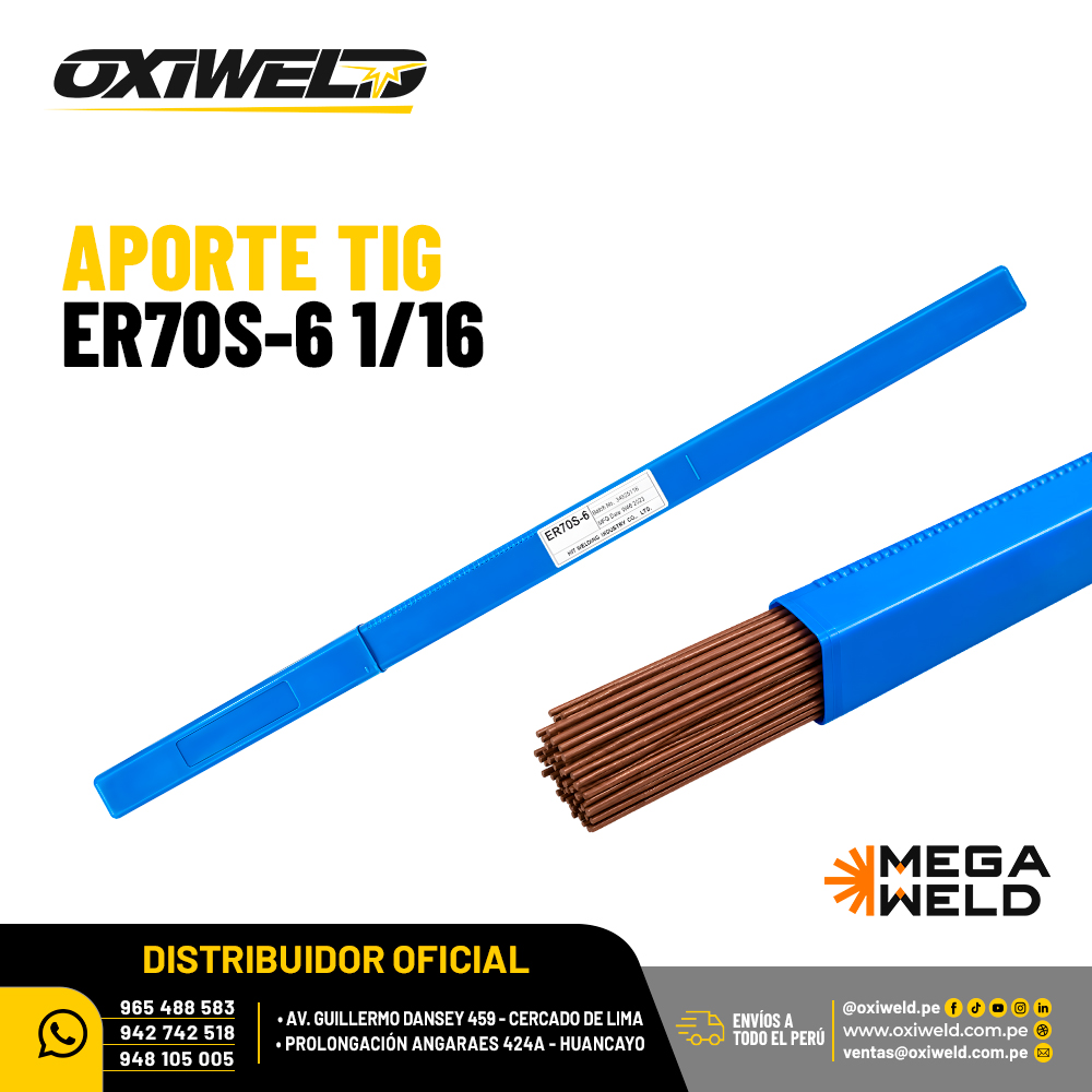 MEGAWELD APORTE TIG ER70S-6 1 16 Varilla de aporte TIG ER70S-6 Megaweld de 0.16 cm de diámetro para soldadura de acero al carbono