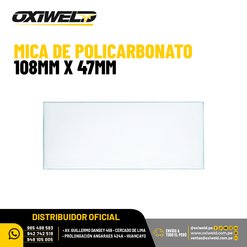 MICA DE POLICARBONATO 108 X 47MM Mica de policarbonato transparente de 10.8 x 4.7 cm para protección del visor de caretas de soldar compatibles