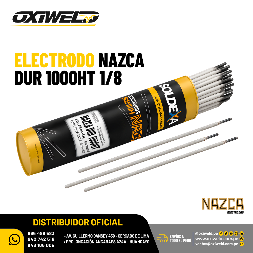 NAZCA ELECTRODO NAZCA DUR 1000HT 1 8 Electrodo Nazca DUR 1000HT de 0.325 cm de diámetro para revestimiento duro y protección de componentes industriales contra abrasión severa