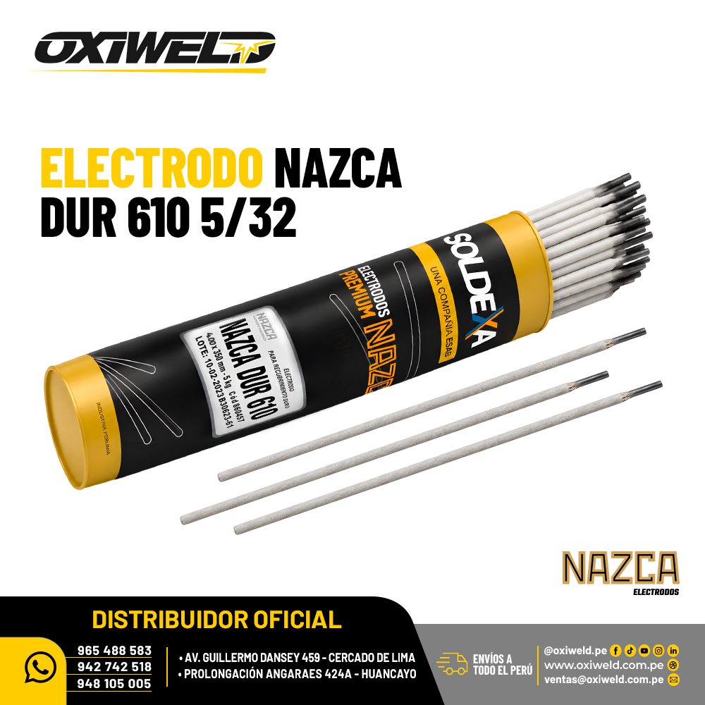 NAZCA ELECTRODO NAZCA DUR 610 5 32 Electrodo Nazca DUR 610 de 0.40 cm de diámetro para recargue duro y protección de piezas metálicas contra abrasión e impactos