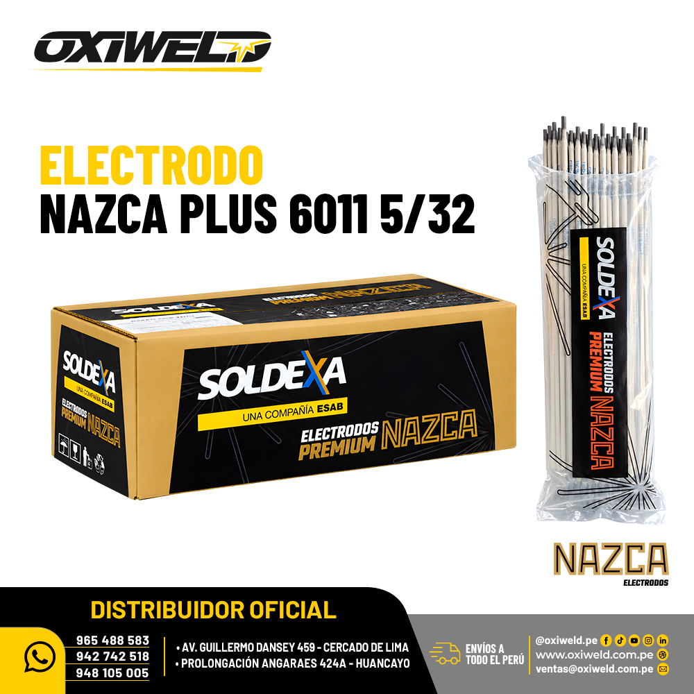 NAZCA ELECTRODO NAZCA PLUS 6011 5 32 Electrodo celulósico Nazca Plus 6011 de 5/32 (4.00 mm), clasificación AWS E6011, para soldadura de acero al carbono