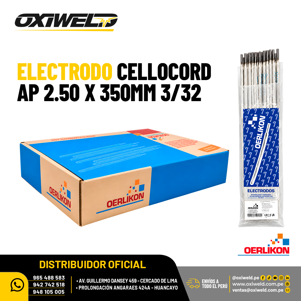 OERLIKON ELECTRODO CELLOCORD AP 3 32 Electrodo Cellocord AP Oerlikon E6011 de 2.50 x 350 mm de 3/32, para soldadura de acero al carbono