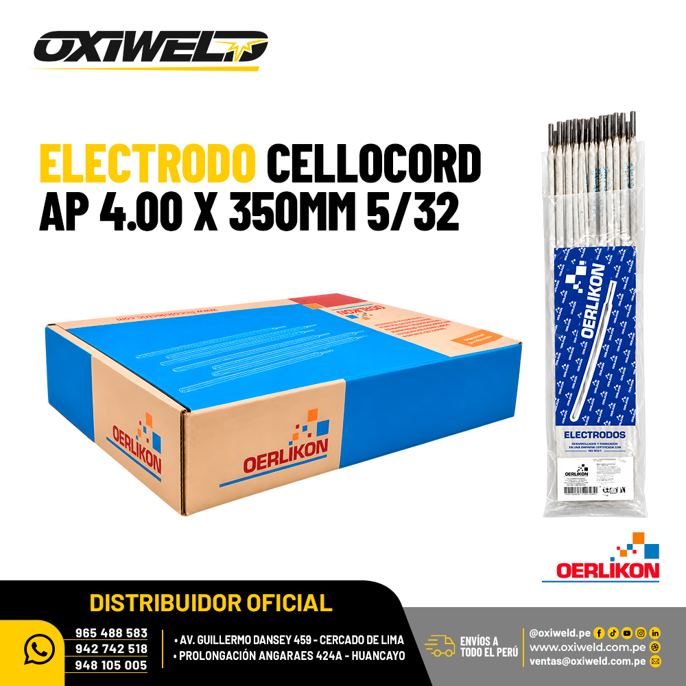 OERLIKON ELECTRODO CELLOCORD AP 5 32 Electrodo celulósico Cellocord AP Oerlikon de 4.00 x 350 mm de 5/32 y clasificación AWS E6011 para soldadura de acero al carbono