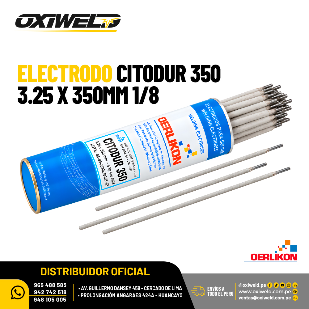 OERLIKON ELECTRODO CITODUR 350 1 8 Electrodo Oerlikon Citodur 350 de 3.25 x 350 mm, medida de 1/8 para recubrimiento protector y recuperación de piezas metálicas