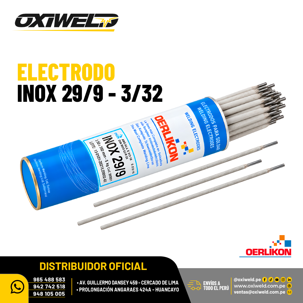 OERLIKON ELECTRODO INOX 3 32 Electrodo inoxidable Oerlikon Inox 29/9 de 3/32, clasificación AWS E312-16, para unión de aceros disímiles y reparación de piezas metálicas