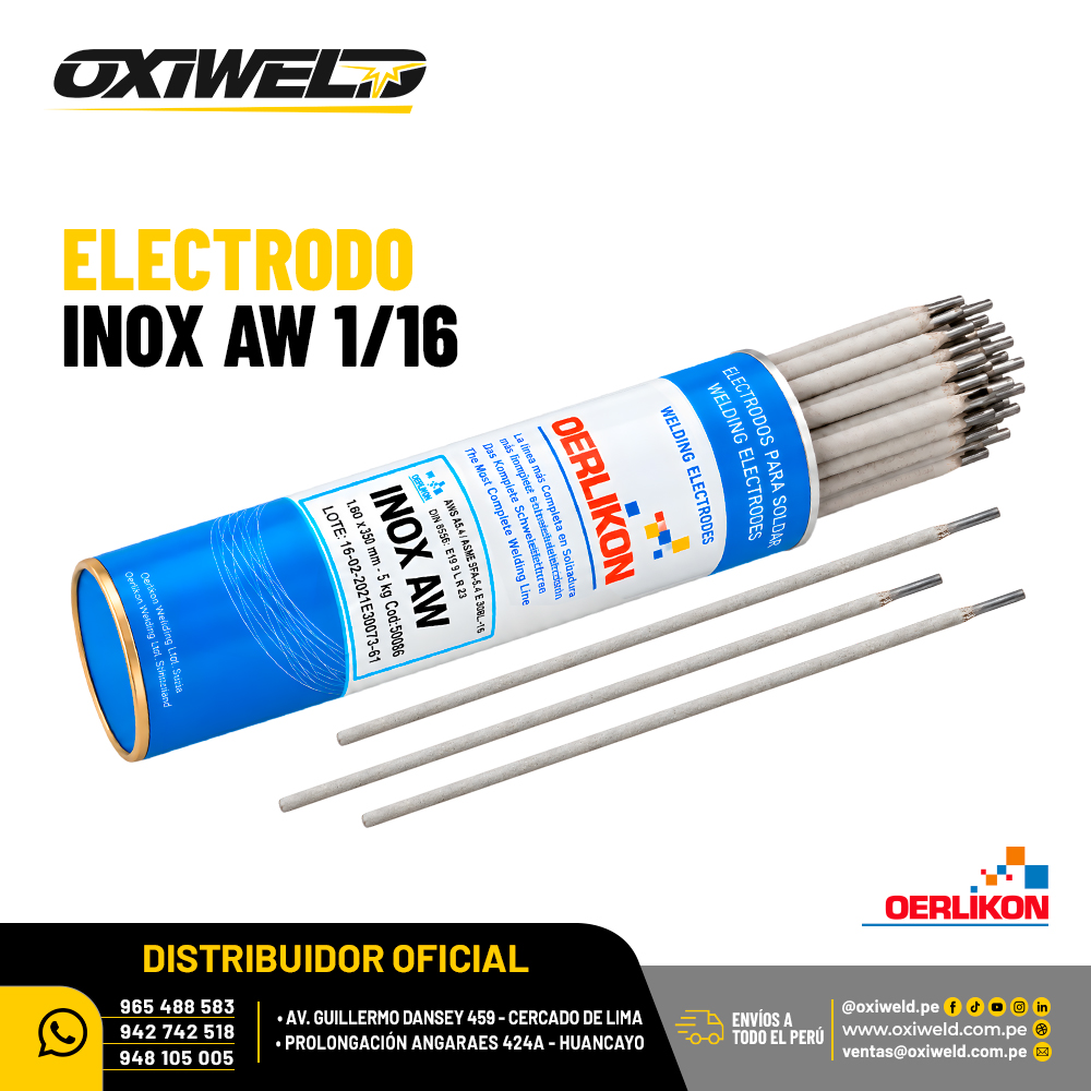 OERLIKON ELECTRODO INOX AW 1 16 (1) Electrodo Inox AW Oerlikon de 1/16 con revestimiento rutílico para soldadura de acero inoxidable