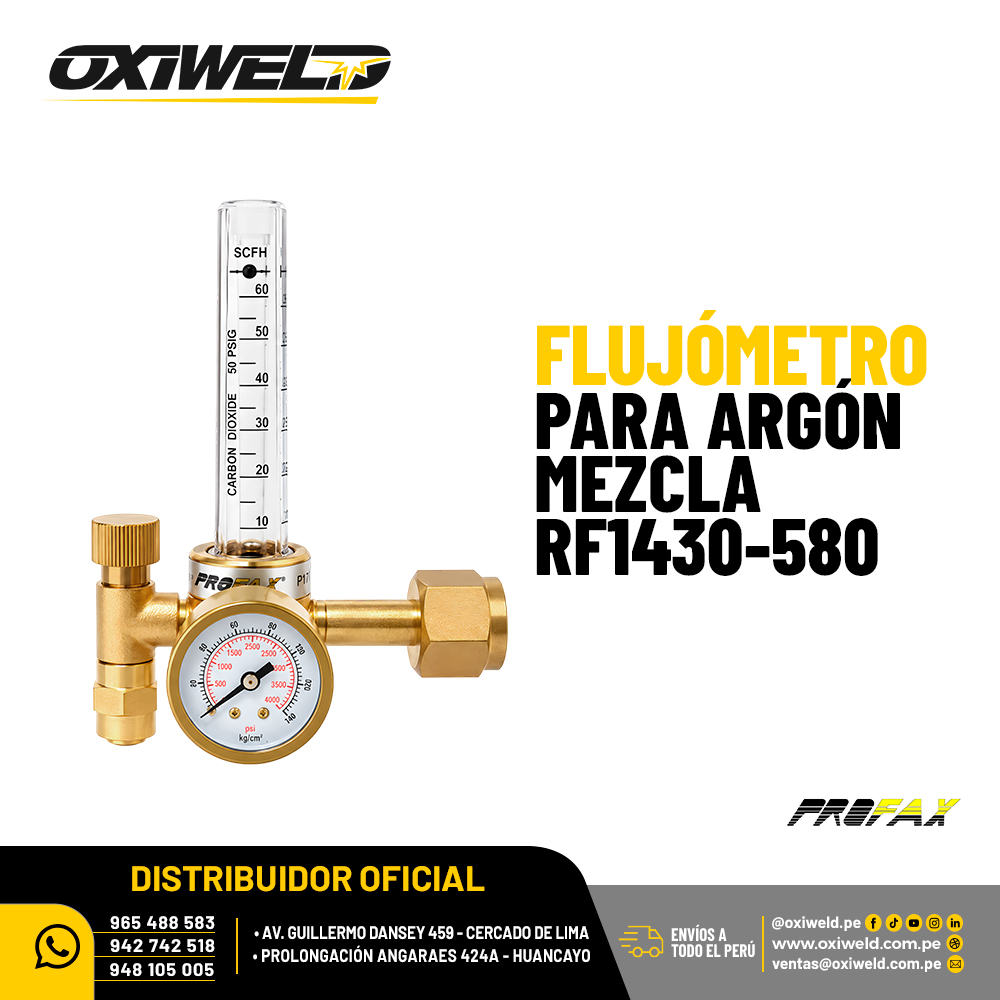 PROFAX FLUJOMETRO PARA ARGON MEZCLA RF1430 580 Flujómetro regulador Profax RF1430-580 para argón y mezclas de argón con CO₂, con cuerpo de latón, manómetro y tubo medidor de caudal